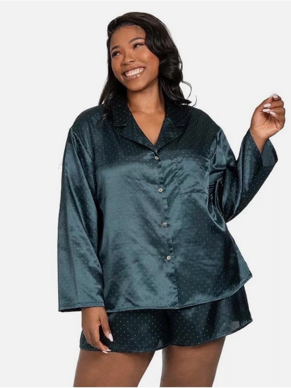Satin Button-Front Sleep Set - Dark Teal